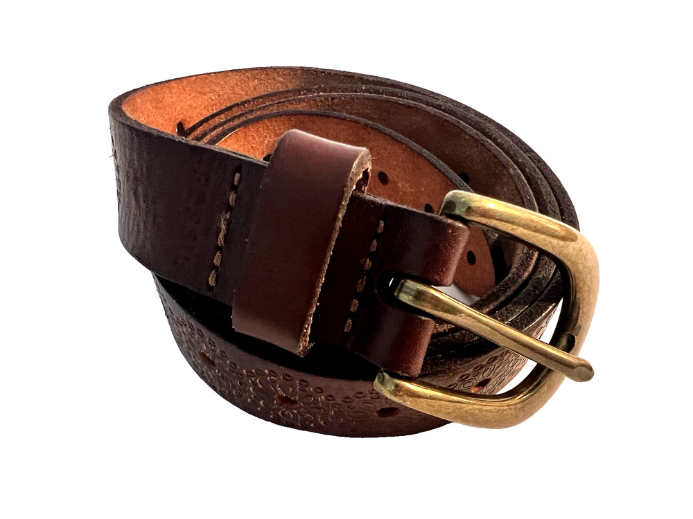 Authentic Fossil Full Grain Cowhide Leather Belt Brown Embossed Accents VTG Sz M